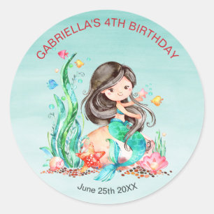 Sticker Rond Mignonne sirène d'aquarelle sous la mer Anniversai