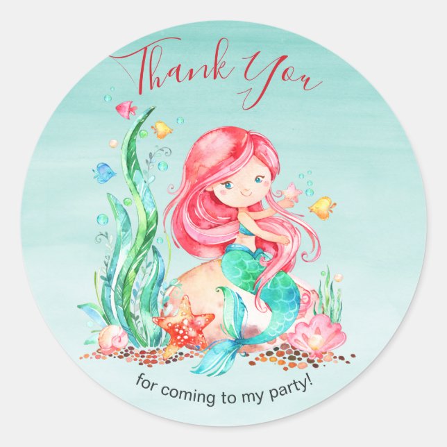 Sticker Rond Mignonne sirène d'aquarelle sous la mer Anniversai (Devant)