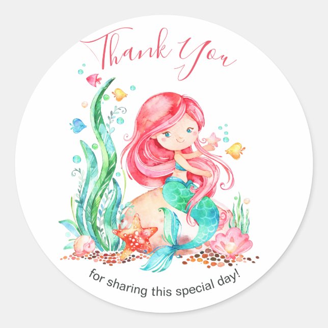 Sticker Rond Mignonne sirène d'aquarelle sous le Baby shower ma (Devant)