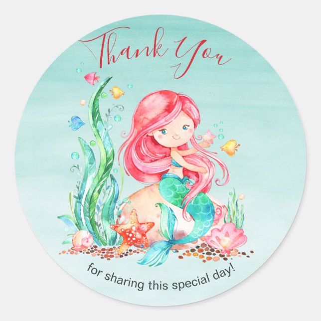 Sticker Rond Mignonne sirène d'aquarelle sous le Baby shower ma (Devant)