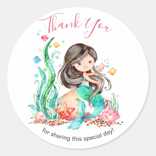 Sticker Rond Mignonne sirène d'aquarelle sous le Baby shower ma (Devant)