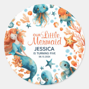 Sticker Rond Mignonne Sirène Sous La Mer Bébé Fille Anniversair