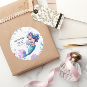 Sticker Rond Mignonne sirène sous le Baby shower d'aquarelle de