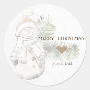 Sticker Rond Mignonne Snowman, Chapeau de Père Noël, Coeur d'or