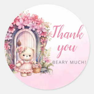 Sticker Rond mignonne Teddy Bear Girl Baby shower rose Merci