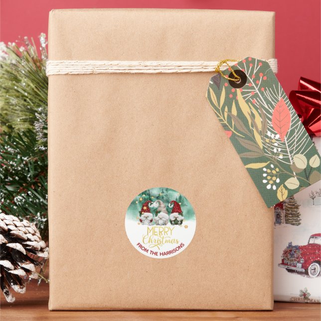 Sticker Rond Mignonne Trois Gnomes Joyeux Noël Forêt Classique  (vacances)