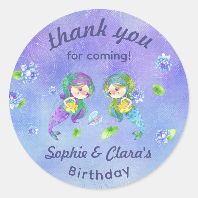 Sticker Rond Mignonnes sous la mer Twin Girls Anniversaire (Devant)