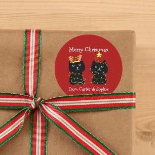 Sticker Rond Mignons Deux Chats Feux de Noël Personnalisé Cadea