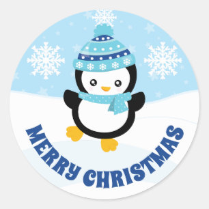 Sticker Rond Mignons enfants chapeau bleu manchot joyeux Noël