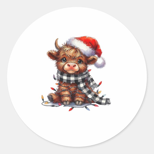 Sticker Rond Mignons feux de Noël Vache Highland Funny Noël (Devant)
