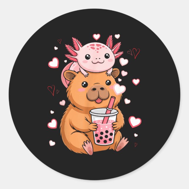 Sticker Rond Mignons Garçons Filles Axolotl Capybara Bubble Tea (Devant)