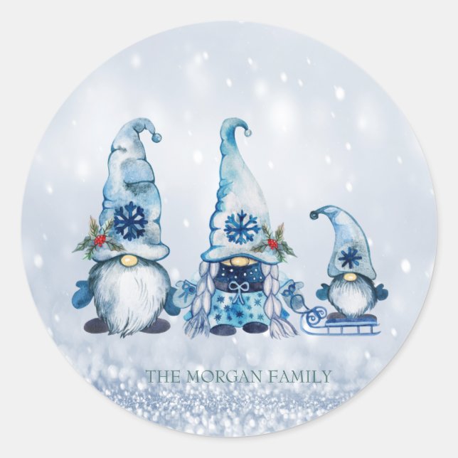 Sticker Rond Mignons gnomes bleus, flou bleu (Devant)