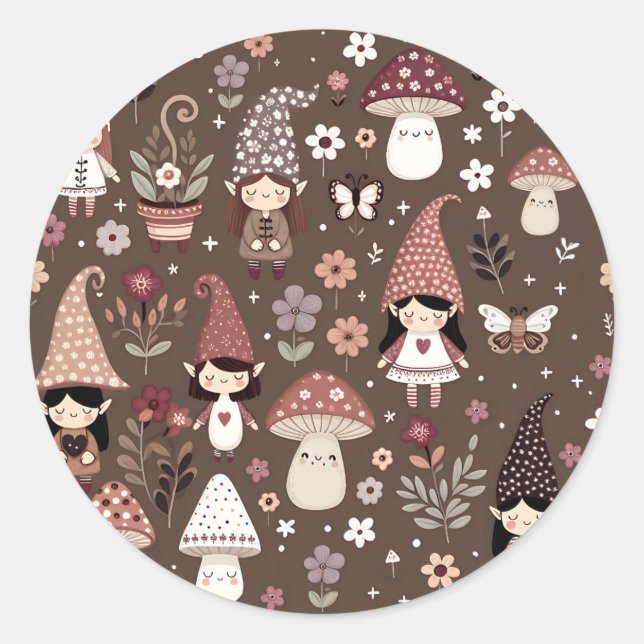 Sticker Rond Mignons Gnomes et Champignons Fantaisistes   (Devant)