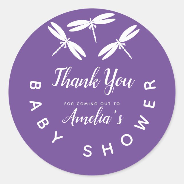 Sticker Rond Mignons libellules violet Baby shower Merci Cla (Devant)