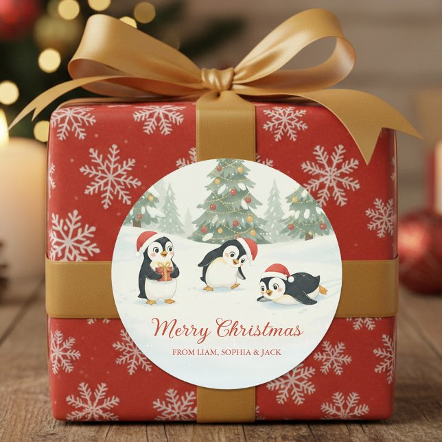 Sticker Rond Mignons Manchots à l'aquarelle Forêt de Noël (Créateur téléchargé)