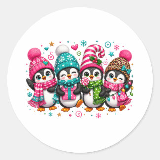 Sticker Rond Mignons Manchots de Noël