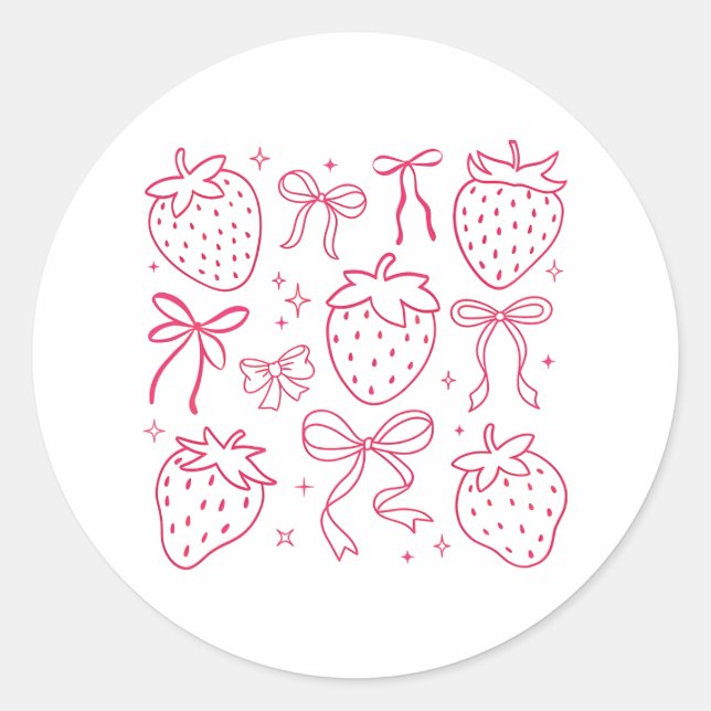 Sticker Rond Mignons Nœuds Rose Fraise Kawaii Coquette (Devant)