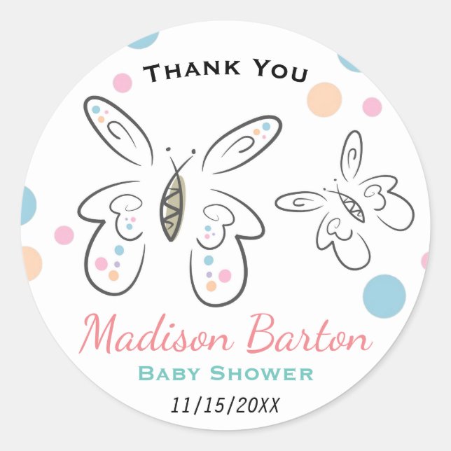 Sticker Rond Mignons papillons et points Baby shower fille (Devant)