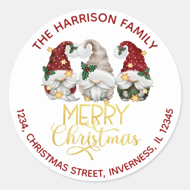 Sticker Rond Mignons Trois Gnomes Joyeux Noël Adresse (Devant)