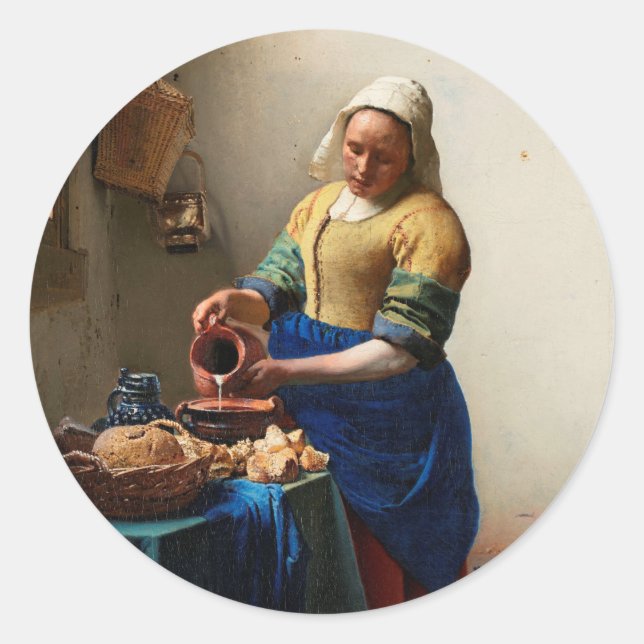 Sticker Rond Milkmaid Kitchen Maid par Johannes Vermeer (Devant)
