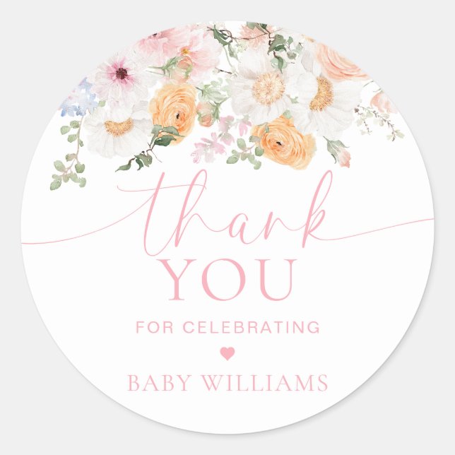 Sticker Rond Millie Floral Baby shower Merci Favoriser (Devant)