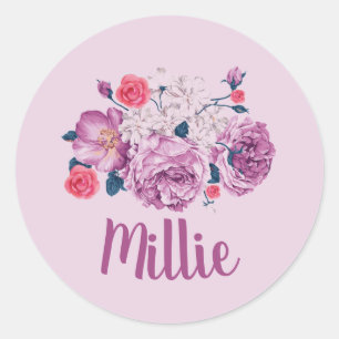 Sticker Rond Millie Nom Floral Vintage Flower Rose personnalisé