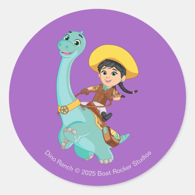 Sticker Rond Min & Clover | Joyeux Cowgirl & Brontosaurus Ride (Devant)