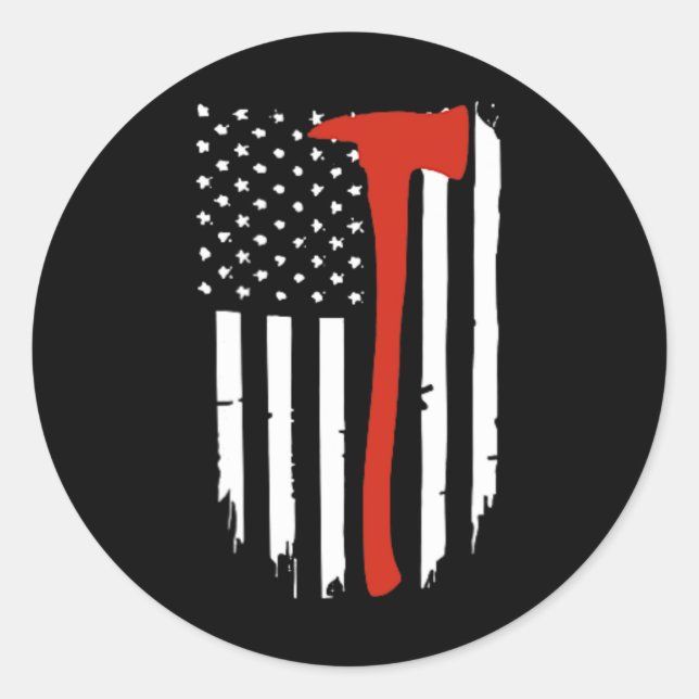 Sticker Rond Mince Red Line Ax American Flag Patriot Pompier (Devant)