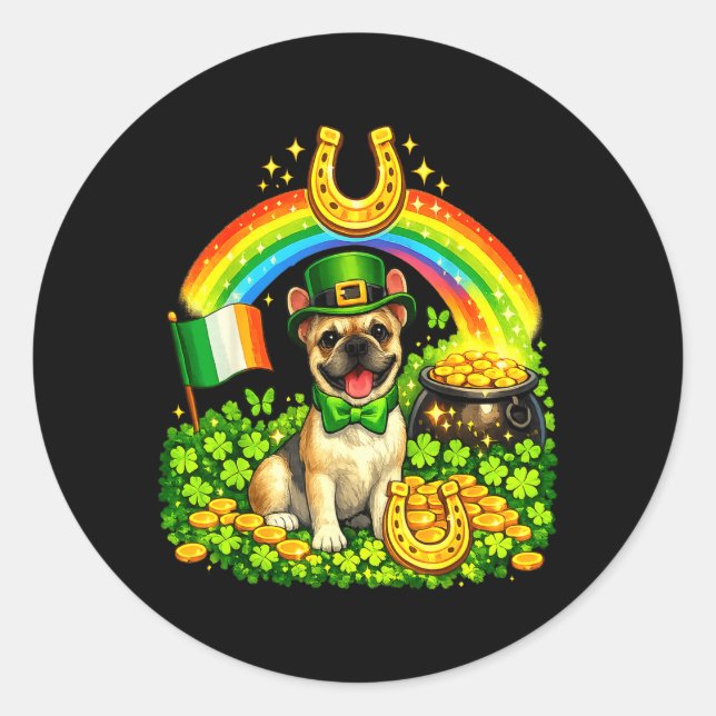 Sticker Rond Mini bouledogue français St Patrick jour de pluie  (Devant)