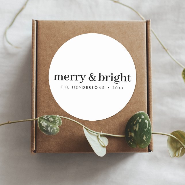 Sticker Rond Mini-Christmas | Merry and Bright Simple White (“Merry & Bright” round stickers by Guava, in black and white monochrome)
