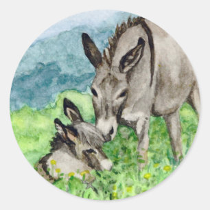 Sticker Rond Miniature Donkey Maman et bébé Aquarelle Art