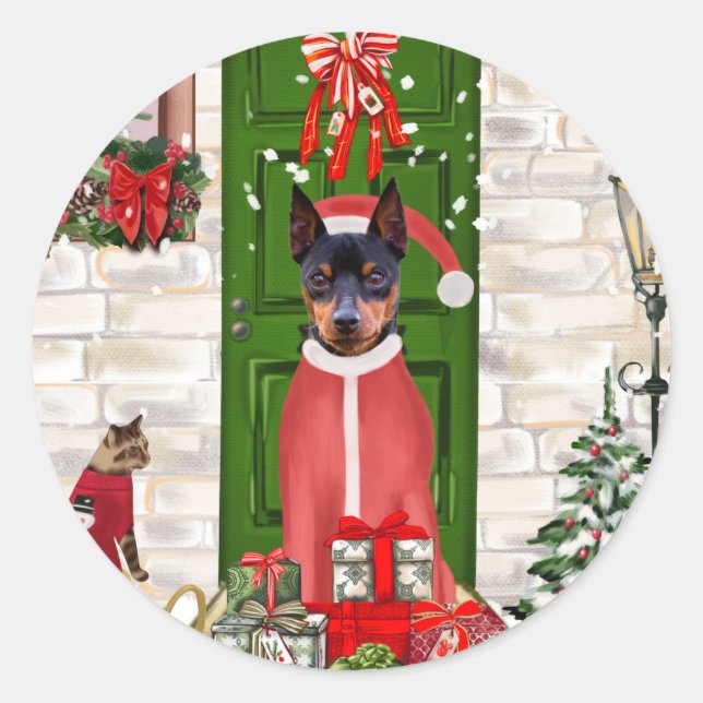 Sticker Rond Miniature Pinscher Chien Noël (Devant)