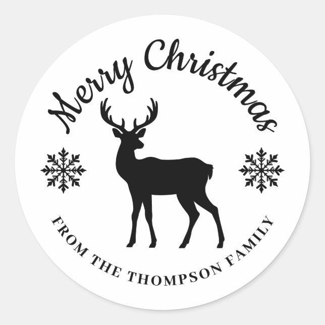 Sticker Rond Minimal Cerf Noir et Flocons Joyeux Noël (Devant)