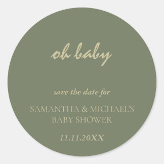 Sticker Rond Minimal Clean Sage Gold Script BABY Save Date