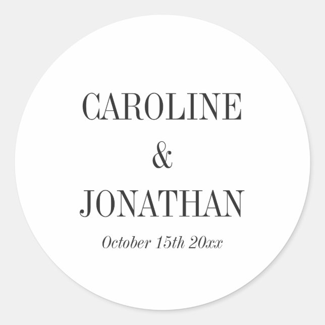 Sticker Rond Minimal Elegant Black White Serif Wedding Names (Devant)