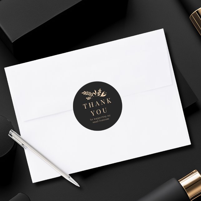 Sticker Rond Minimal Floral Noir Botanique MERCI (Minimal Floral Black Botanical THANK YOU Classic Round Sticker)