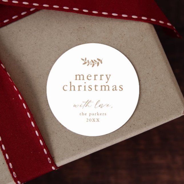 Sticker Rond Minimal Greenery Simple Joyeux Noël (Classic holly branch gold christmas gift tags.)