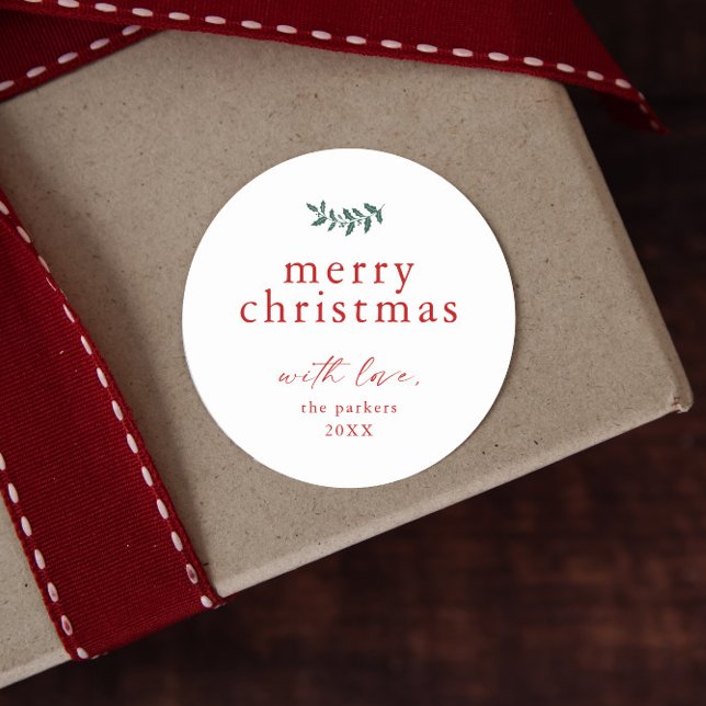 Sticker Rond Minimal Greenery Simple Joyeux Noël (Classic red and green holly branch christmas gift tags.)
