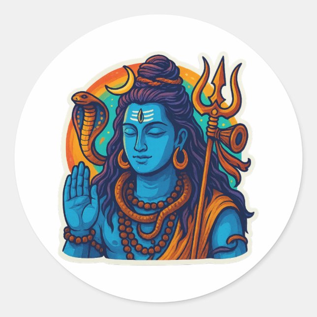 Sticker Rond Minimal Lord Shiva Illustration – Trishul, Damru (Devant)