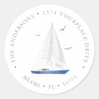 Sticker Rond Minimal Nautical Voilier Marine Adresse bleue