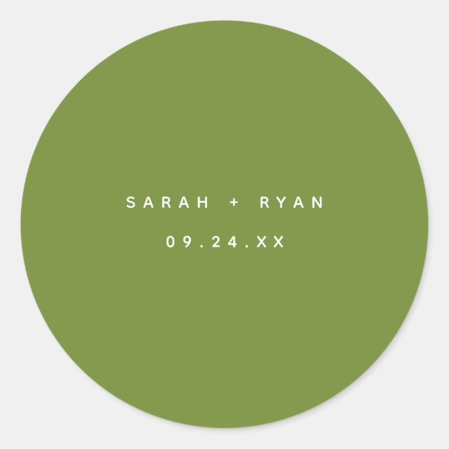 Sticker Rond Minimal Olive Green Custom Names Wedding (Devant)