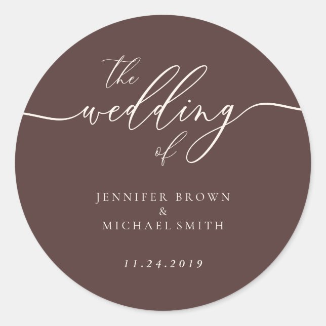 Sticker Rond Minimal Script Chocolate Brown Wedding (Devant)