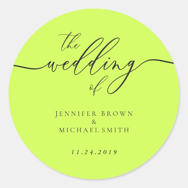 Sticker Rond Minimal Script Cyber Lime Jet Black Wedding (Devant)