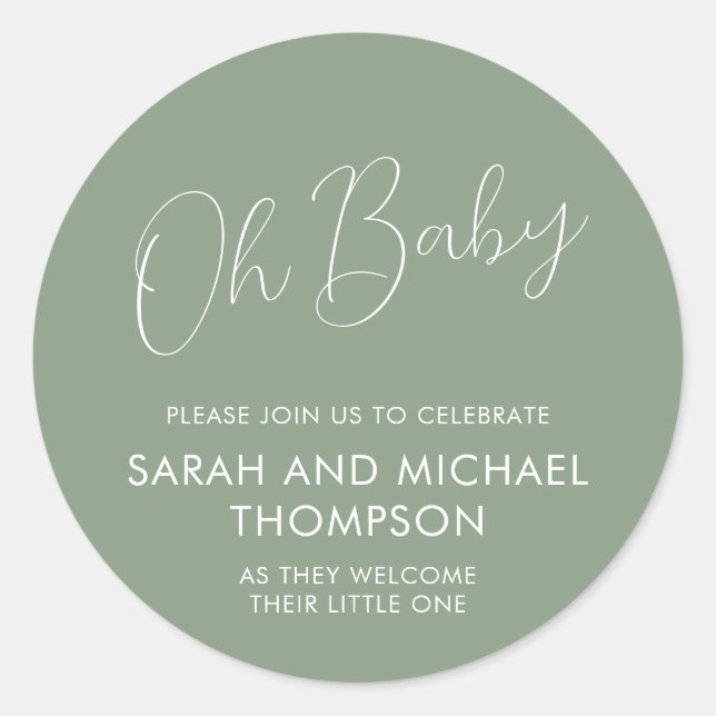Sticker Rond Minimal Script Sage Green Oh Baby (Devant)