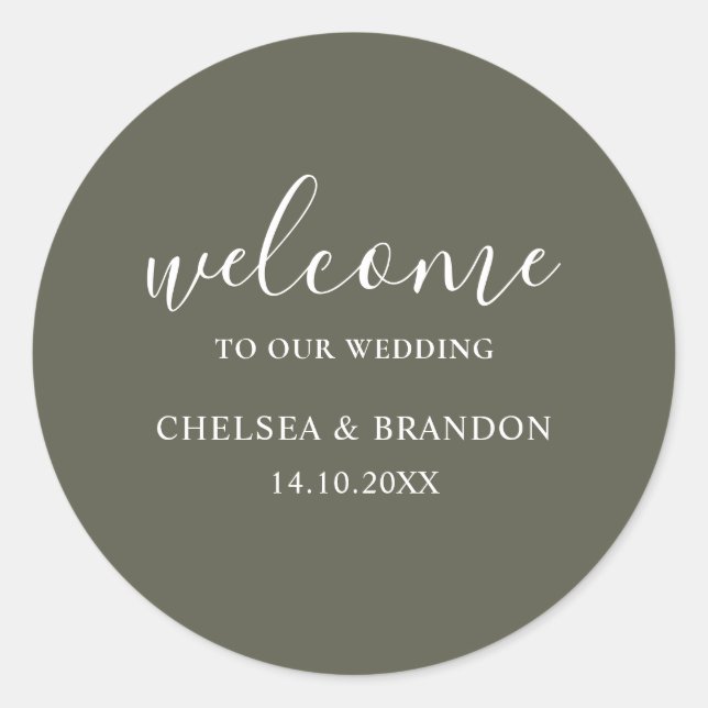 Sticker Rond Minimalist Boho Chic Sage Green Welcome Wedding (Devant)