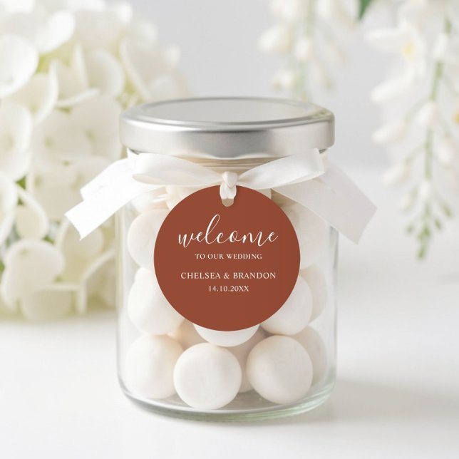 Sticker Rond Minimalist Boho Terracotta Orange Welcome Wedding (Créateur téléchargé)