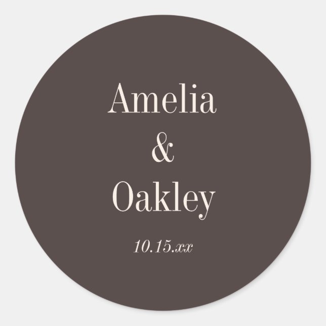 Sticker Rond Minimalist Earthy Brown Elegant Wedding Custom (Devant)