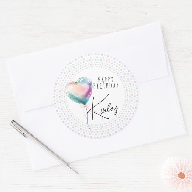 Sticker Rond Minimalist Heart Balloon Pastel Happy Birthday  (Enveloppe)