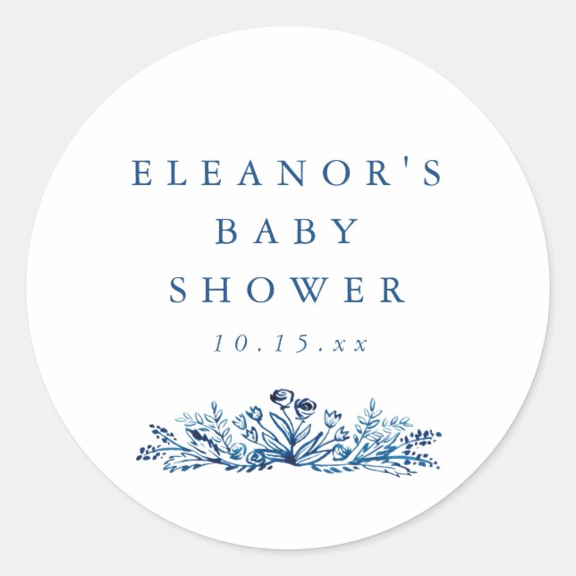 Sticker Rond Minimalist Indigo Blue Ink Botanical Baby Shower (Devant)