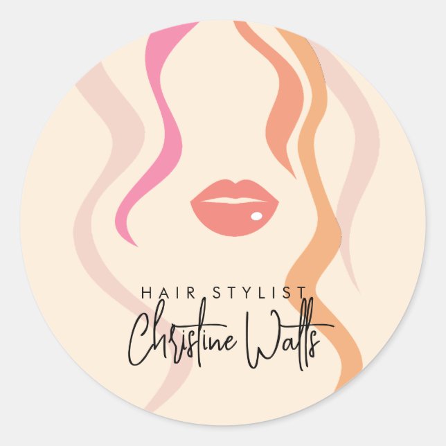 Sticker Rond Minimalist Light Peach Hairstylist Wavy Hair Cute (Devant)